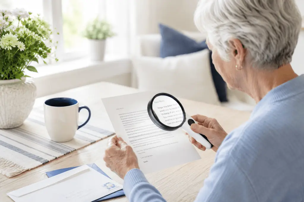 Older woman using a lighted handheld magnifier to read a letter, demonstrating how magnifiers can help people with macular degeneration see details more clearly.