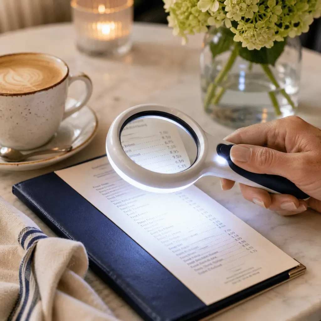 Lighted handheld magnifier illuminating a restaurant menu to make small print easier to read in low lighting