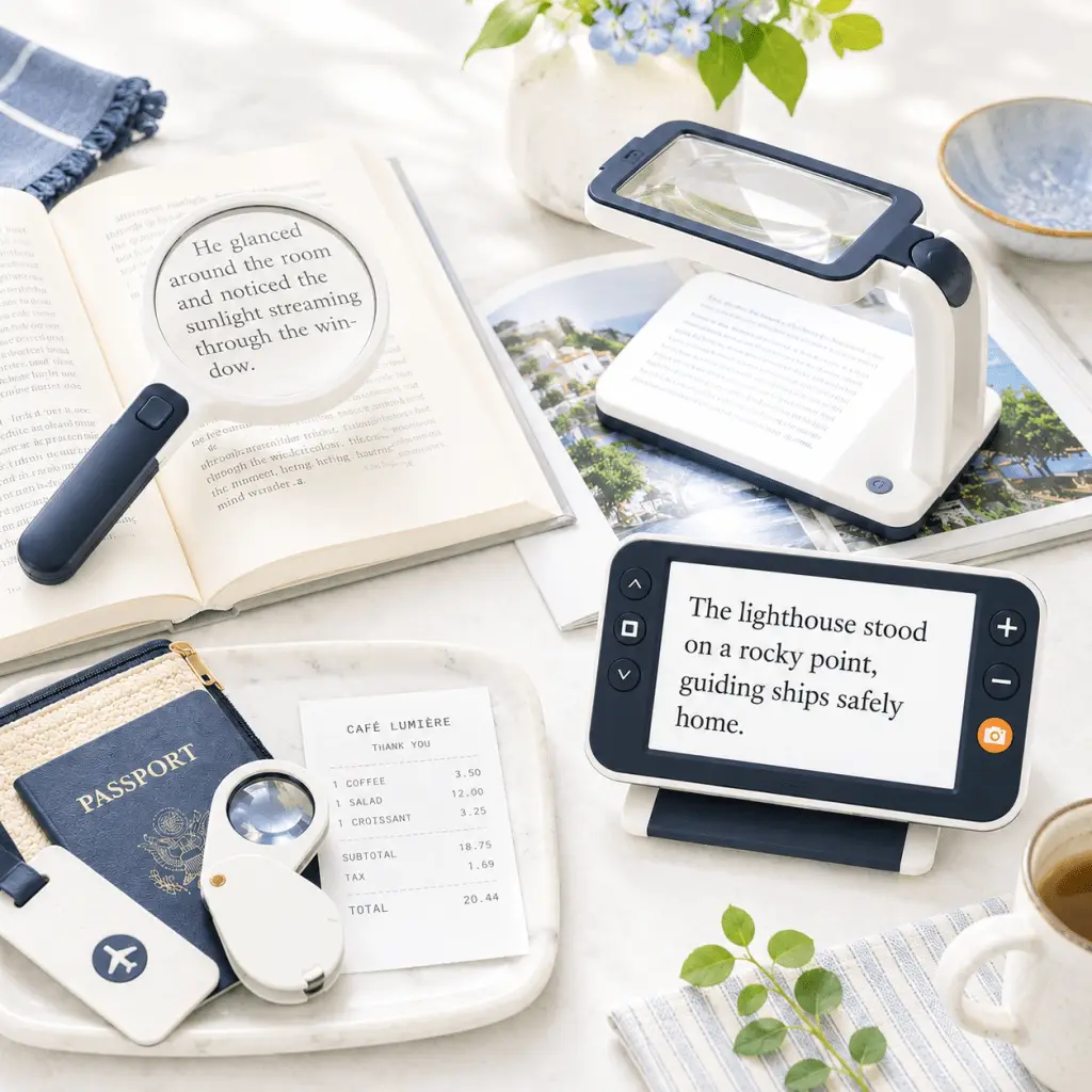Handheld magnifier, stand magnifier, pocket magnifier, and video magnifier shown with books, mail, and a receipt for different reading tasks
