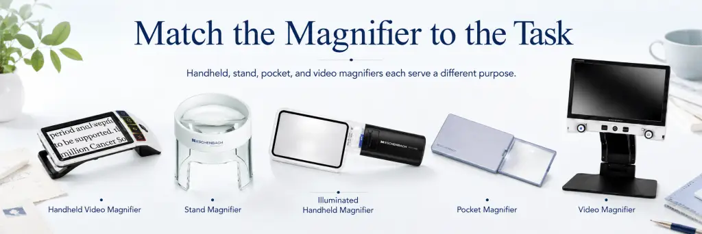 Guide showing handheld video magnifier, stand magnifier, illuminated handheld magnifier, pocket magnifier, and video magnifier for different reading tasks