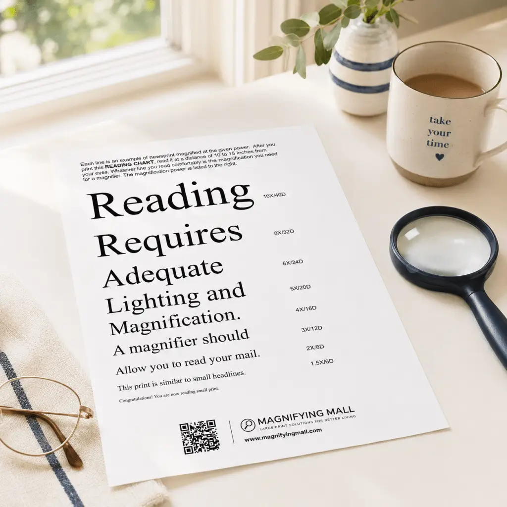 Free reading chart on a table with a magnifier, glasses, and coffee to help estimate starting magnification for small print
