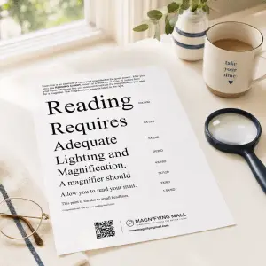 Free reading chart on a table with a magnifier, glasses, and coffee to help estimate starting magnification for small print