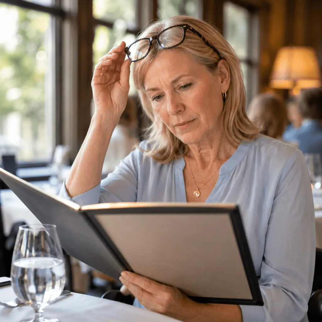 Woman holding her glasses while reading a restaurant menu in a bright café, illustrating that reading difficulties are not always caused by worsening eyesight