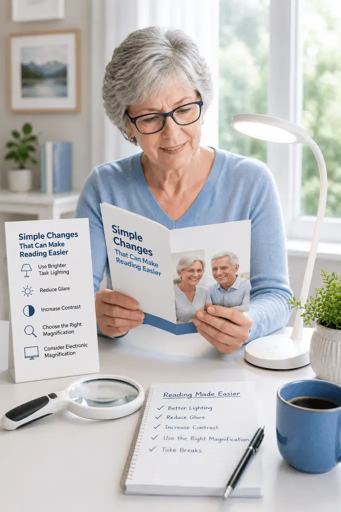 Senior woman using good lighting and reading aids to make reading easier while reviewing printed materials at home.