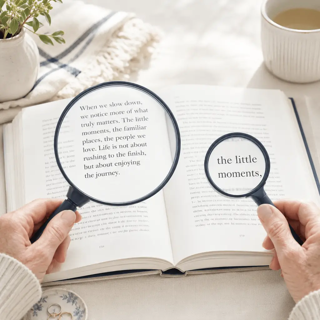 Two handheld magnifiers over an open book showing that stronger magnification gives a larger view but less text at one tim