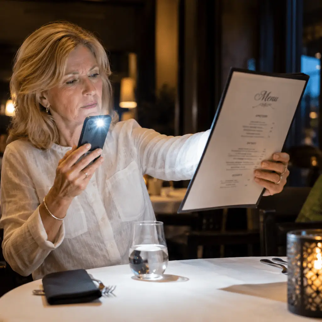 Woman holding a restaurant menu farther away while using her phone flashlight to read the small print