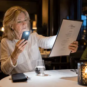Woman holding a restaurant menu farther away while using her phone flashlight to read the small print