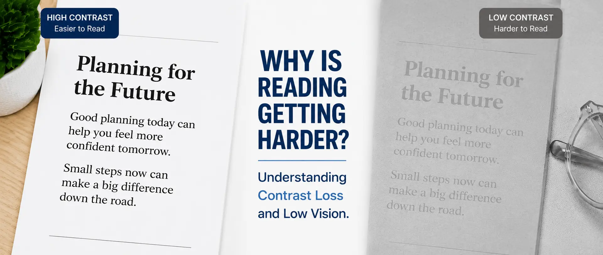 Side-by-side comparison showing high contrast and low contrast text to demonstrate how contrast loss can affect reading for people with low vision.