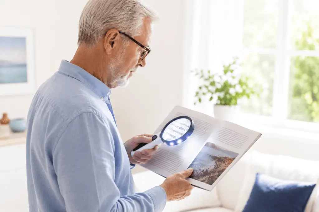 Older man using a lighted handheld magnifier to read a magazine in a bright room, demonstrating how lighting and magnification can help people with macular degeneration read more comfortably.