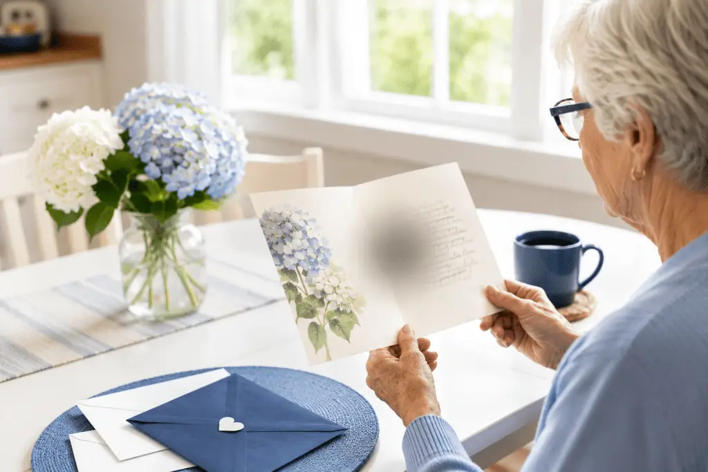 Older woman reading a greeting card with simulated central vision loss, illustrating how macular degeneration can make reading difficult.