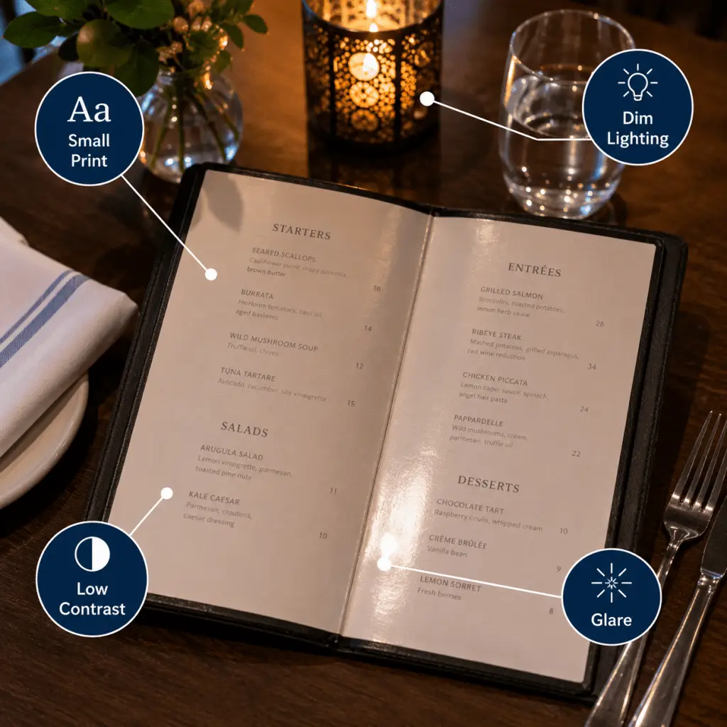 Restaurant menu showing common reading challenges including small print, low contrast, glare, and dim lighting