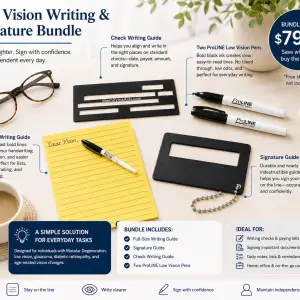 Low Vision Writing and Signature Bundle showing full-size yellow writing paper pad, check writing guide, signature guide, and two bold vision pens