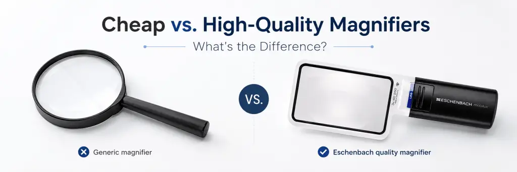 Cheap vs high quality magnifier comparison banner featuring an Eschenbach reading magnifier and a generic handheld magnifier for low vision reading