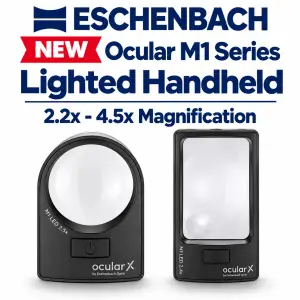 Eschenbach Ocular M1 LED lighted handheld magnifiers with round and rectangular lenses, 2.2x to 4.5x magnification