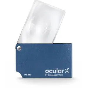 Eschenbach ocularX M2 folding pocket magnifier with LED illumination for reading, hobbies, inspections, and low vision assistance.