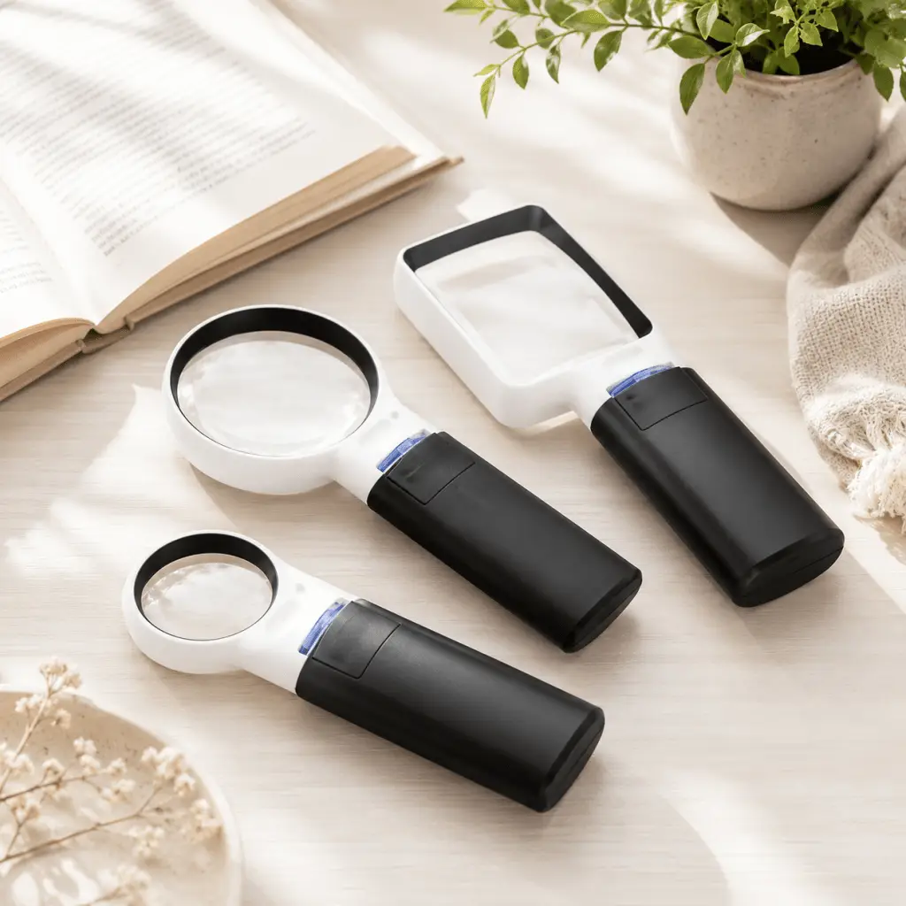 Handheld magnifiers for low vision reading displayed beside an open book in a light and airy setting