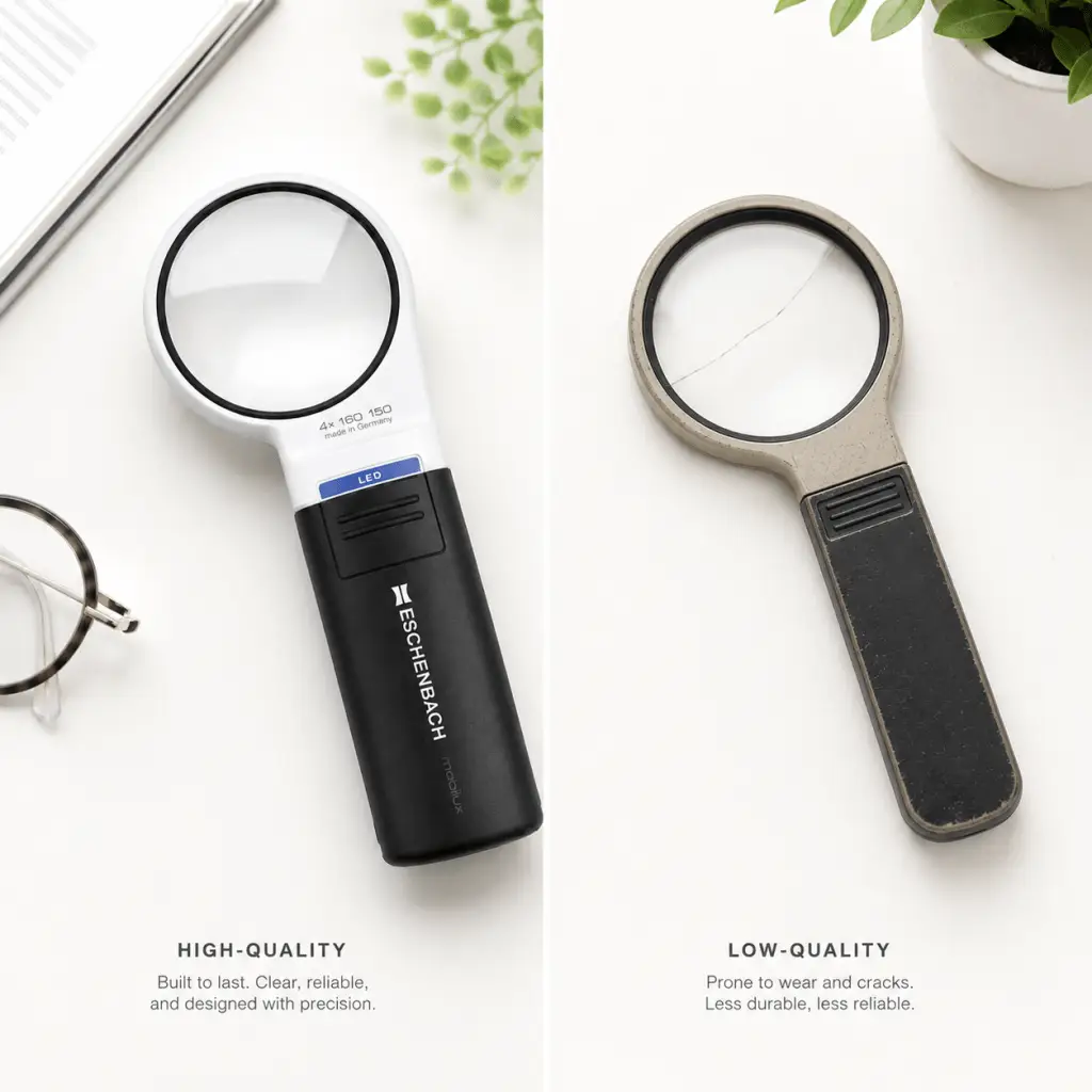 High-quality Eschenbach magnifier compared with a worn low-quality magnifier with a cracked lens