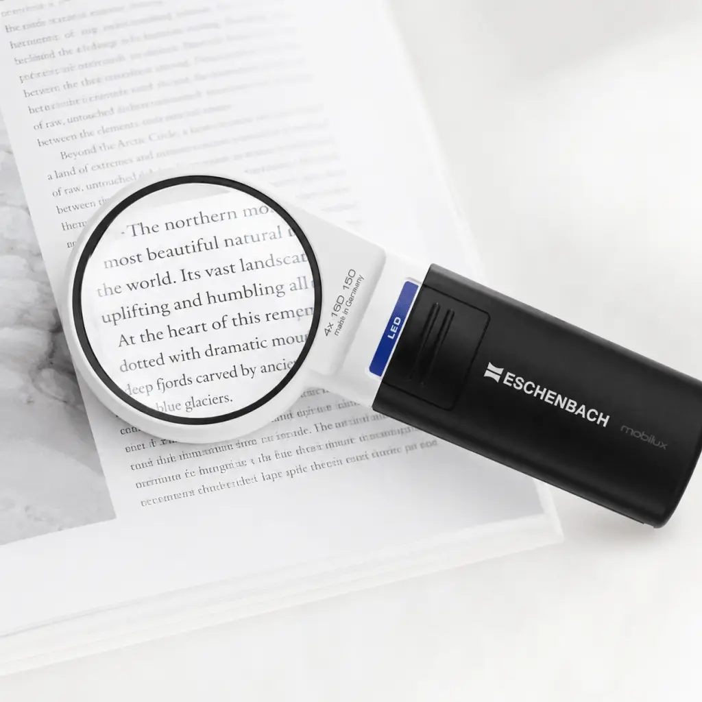 Eschenbach Mobilux reading magnifier showing a larger viewing area for easier reading