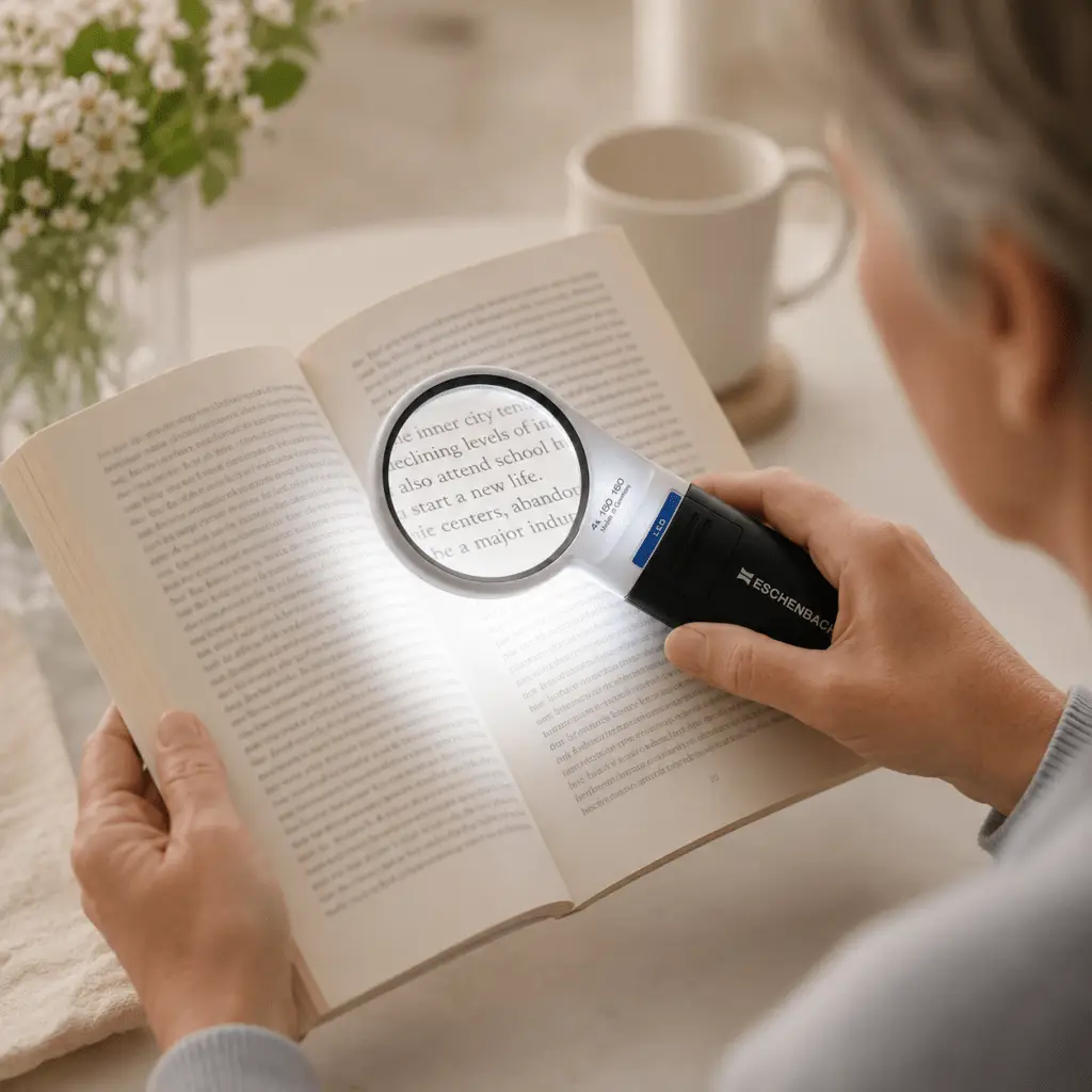 Person using a lighted Eschenbach Mobilux handheld magnifier to read small print in low light