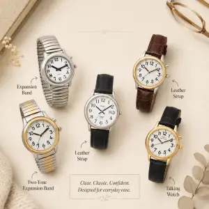 Talking watches with expansion bands, leather straps, and large easy-to-read numbers