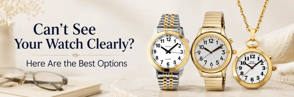 Banner image for blog post about talking watches and easy-to-read watches, showing three large-number watches on a light background