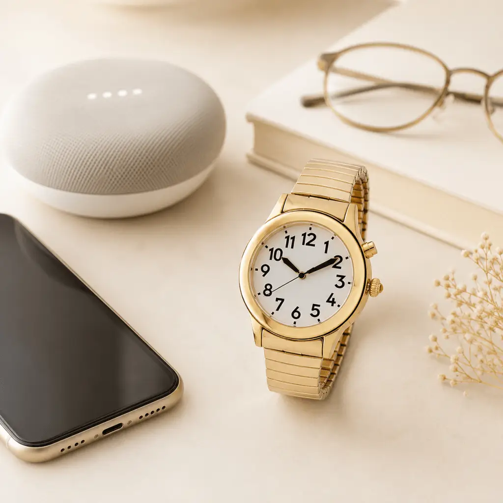 Easy-to-read watch beside a smartphone and Alexa-style smart speaker