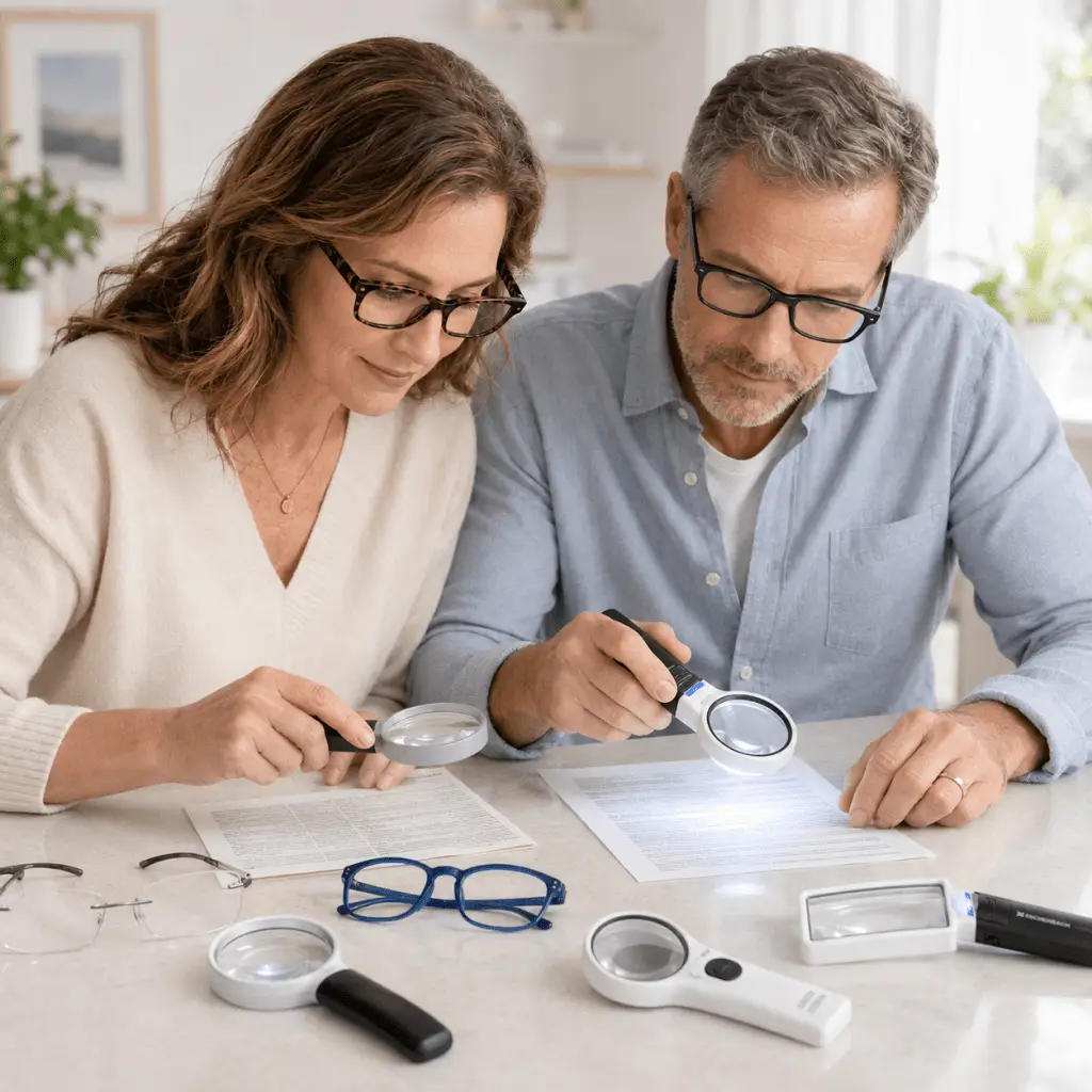 Man and woman using reading glasses and handheld magnifiers to read small print