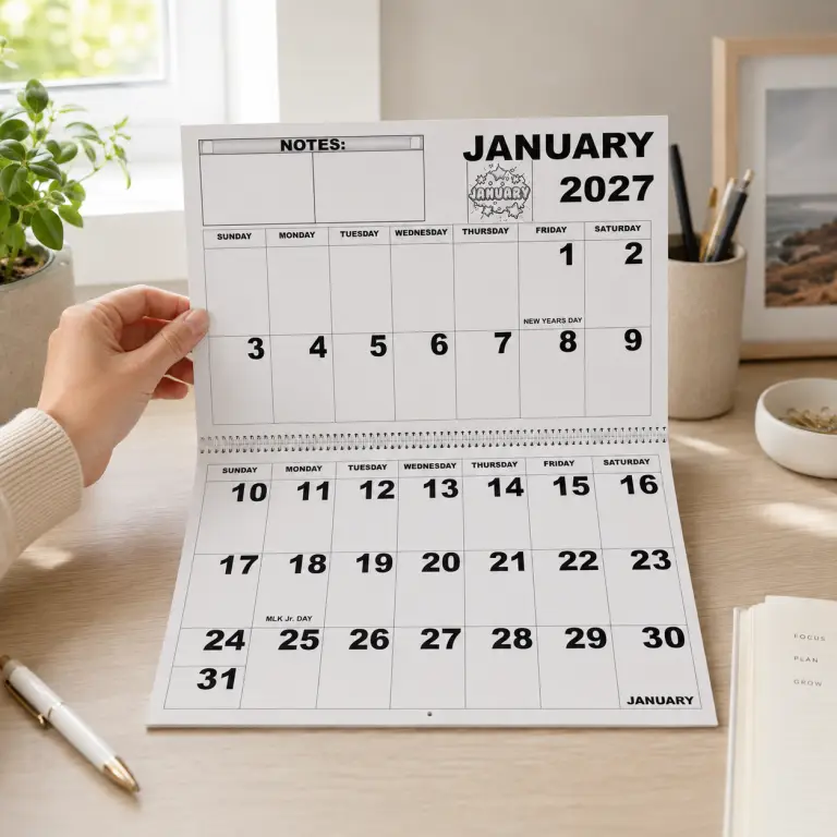 Large print January 2027 calendar displayed on a desk