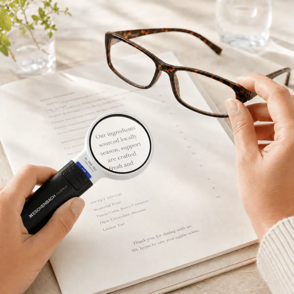 Hands holding reading glasses and a lighted handheld magnifier over small print