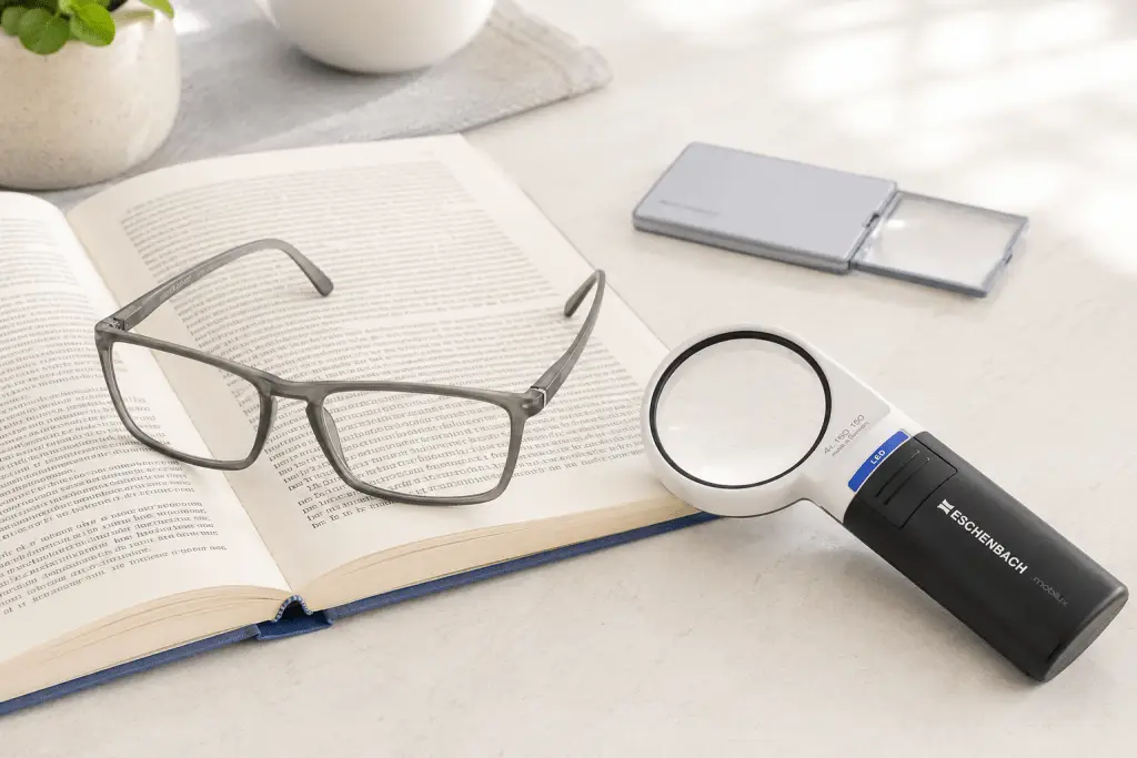 Reading glasses, handheld magnifier, and pocket magnifier on an open book for reading small print