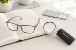 Reading glasses, handheld magnifier, and pocket magnifier on an open book for reading small print