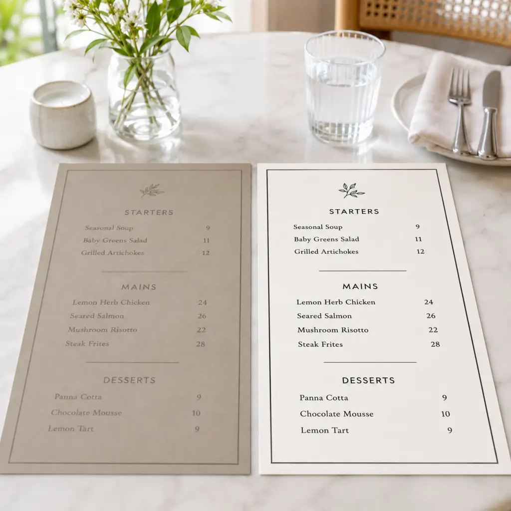 Low contrast and high contrast restaurant menus side by side on a table showing which menu is easier to read