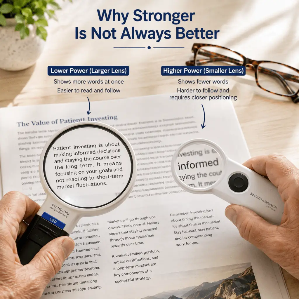 Lower-power and higher-power magnifiers compared to show differences in text size and viewing area